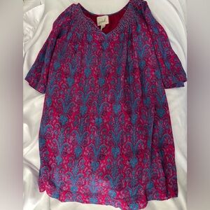 Peek Girls Pink and Blue Peacock Print Dress (M 6-7)